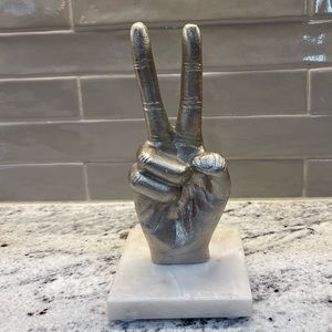 Silver Peace Victory sign statue on granite base. New condition. 8.5”